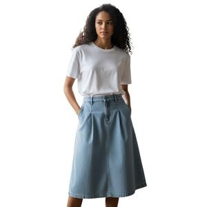 LL Bean Womens Pleated Denim Midi Skirt Blue‎ Cotton Elastic Waist Size 12